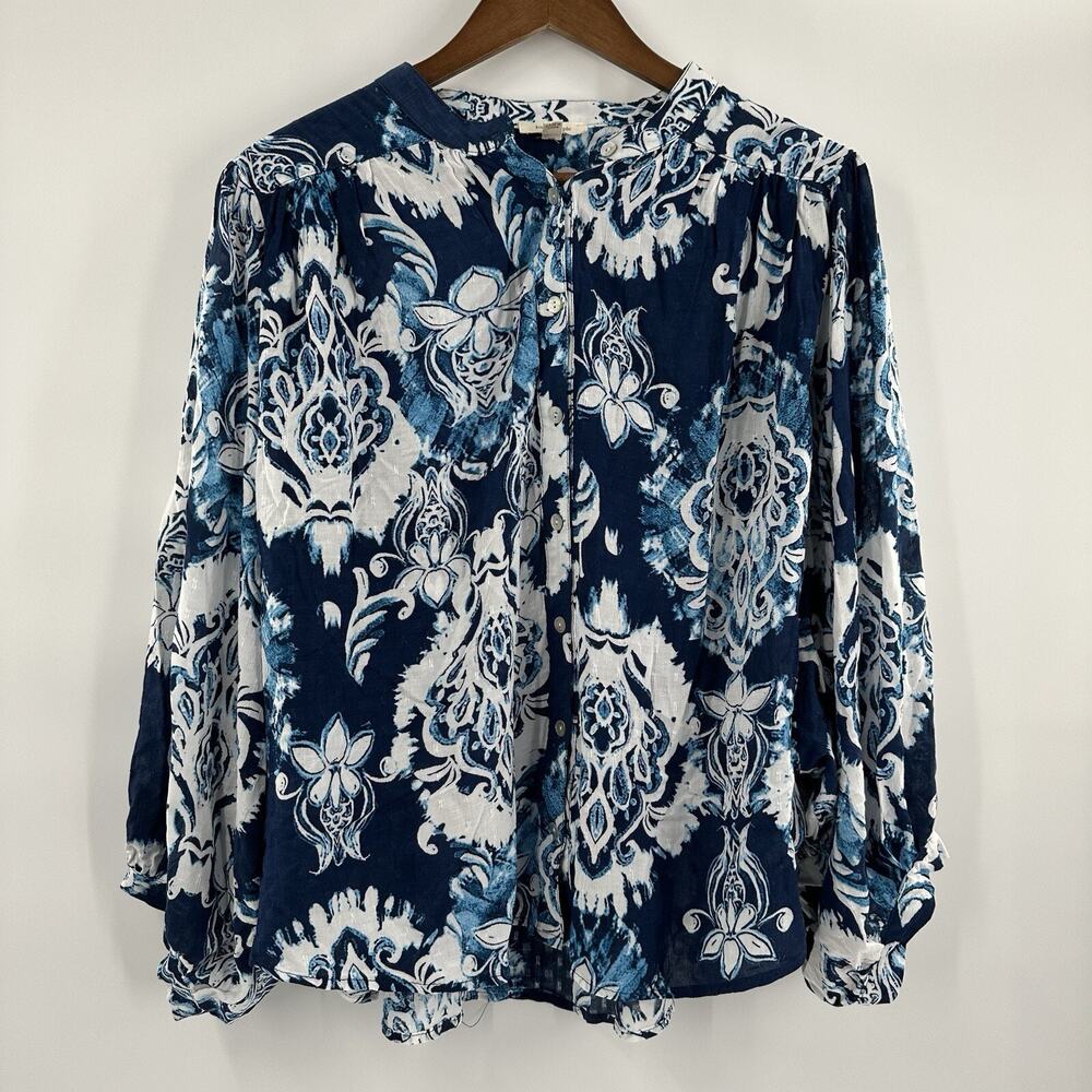Haute Hippie Top Womens Large Blue Floral‎ Balloon Sleeve Cottage Coastal Boxy